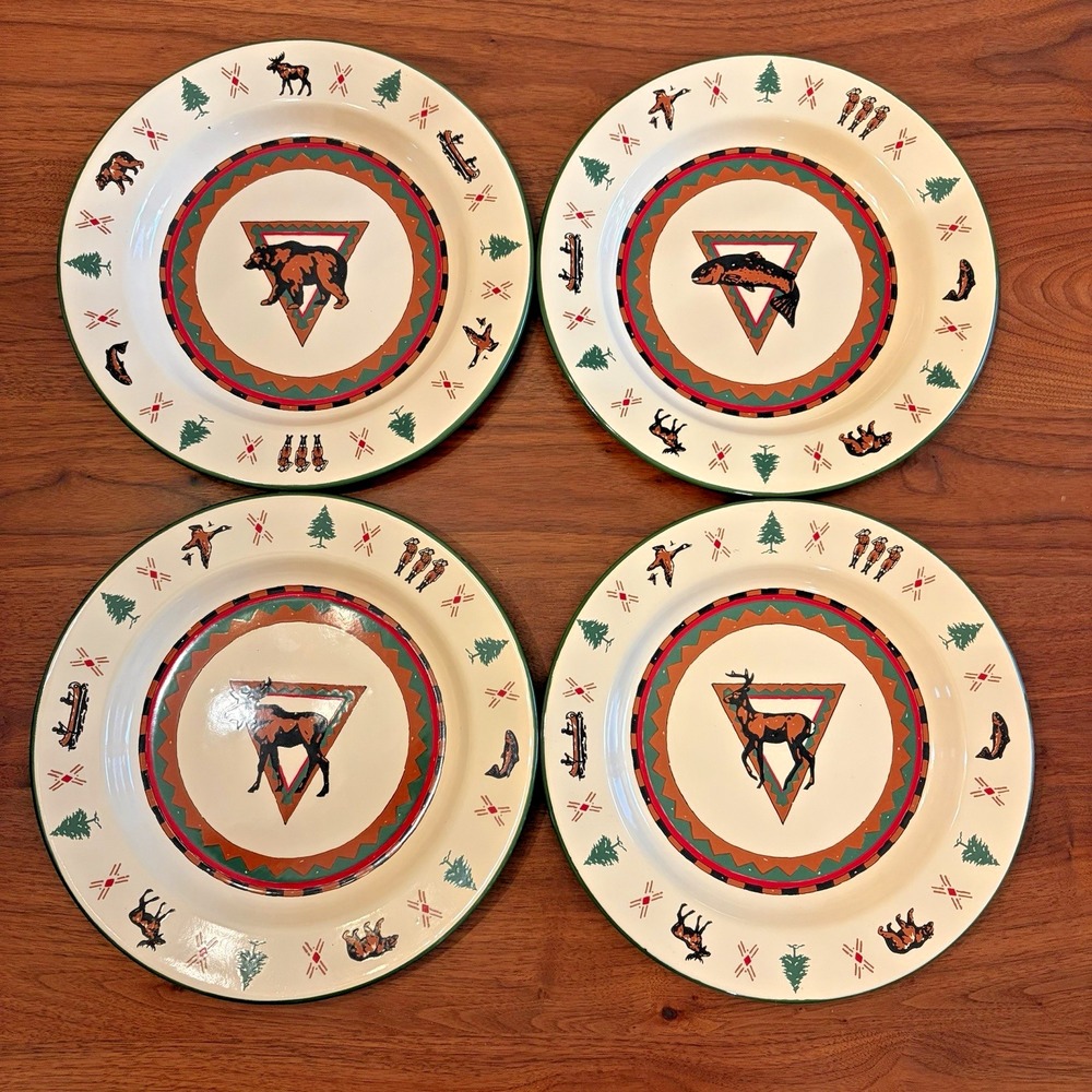 Lodge Enamelware Set of 4 10.25" Dinner Plates, Moose, Elk, Bear, Fish Cabin